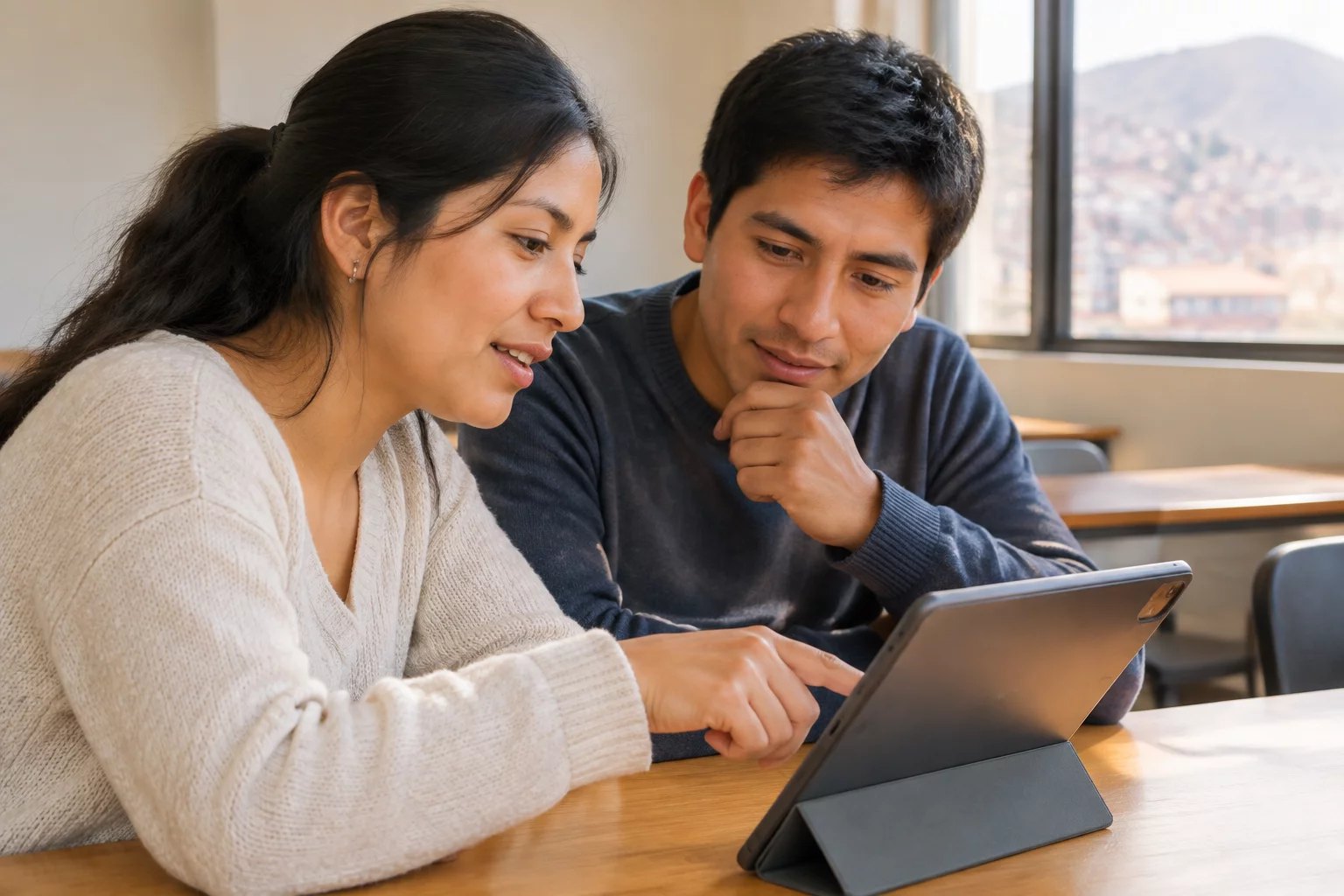 Dos personas revisando notas en una tablet sobre la mesa